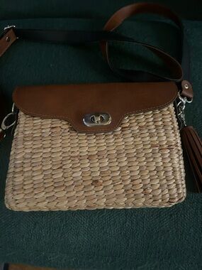 Woven Straw Crossbody Bag with Brown Leather Flap